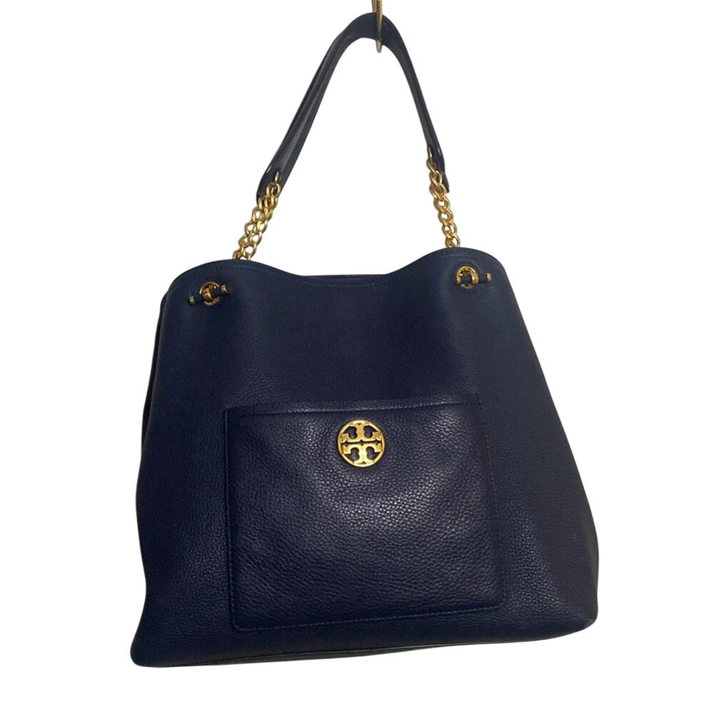 TORY BURCH CHELSEA SLOUCHY BLUE LEATHER TOTE - Picture 3 of 12